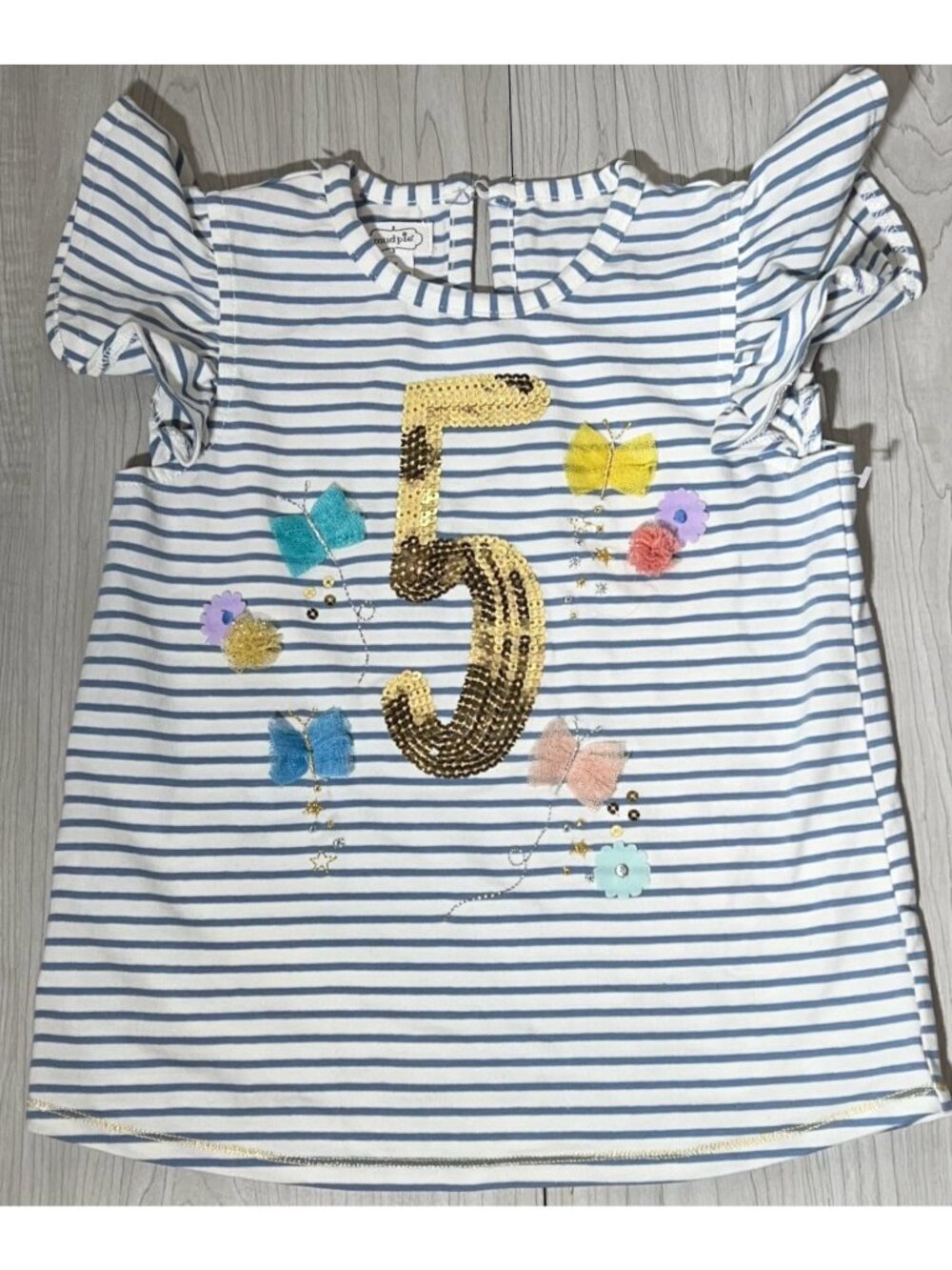 Mud Pie 5T NWOT Birthday 5 FIVE 5th bday shirt blue gold sequins butterfly party